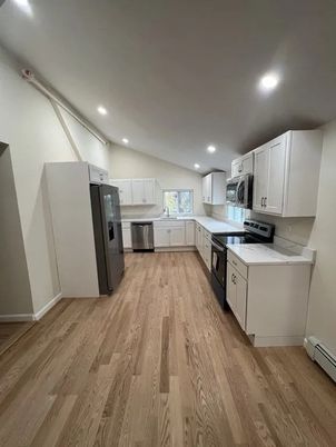 Interior, Kitchen, Recessed Lighting, Stainless Steel Appliances, Wood Texture Flooring