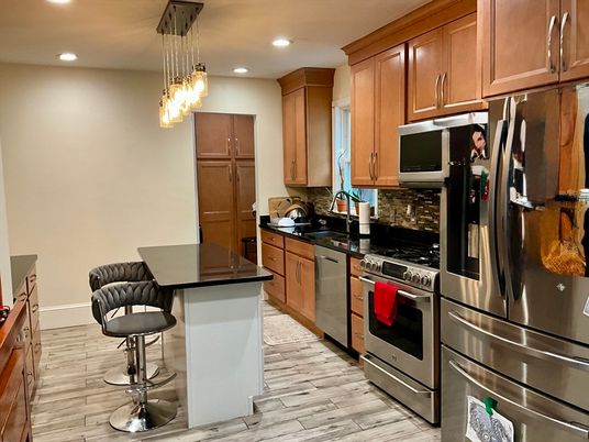 Interior, Kitchen, Pendant Lights, Recessed Lighting, Stainless Steel Appliances, Wood Texture Flooring