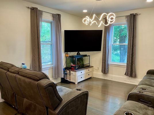 Home Theatre Room, Interior, Pendant Lights, Recessed Lighting, Wood Texture Flooring