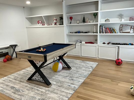 Billiard Table, Game Room, Interior, Recessed Lighting, Wood Texture Flooring