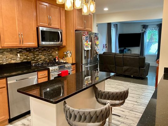 Interior, Kitchen, Living room, Pendant Lights, Recessed Lighting, Wood Texture Flooring