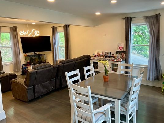 Dining room, Interior, Pendant Lights, Recessed Lighting, Wood Texture Flooring