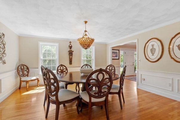 Dining room, Interior, Pendant Lights, Wood Texture Flooring