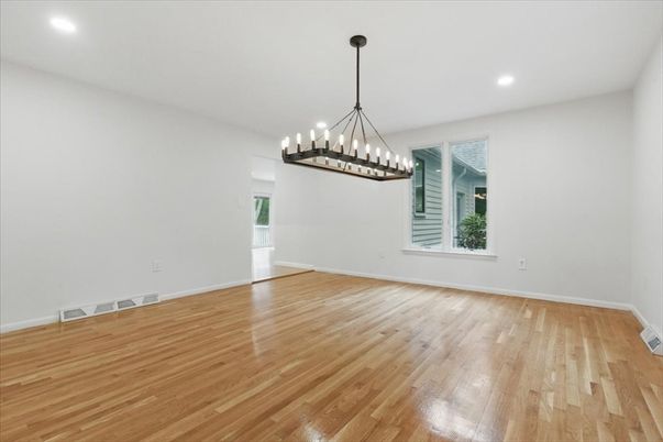 Chandelier, Empty room, Interior, Pendant Lights, Recessed Lighting, Wood Texture Flooring