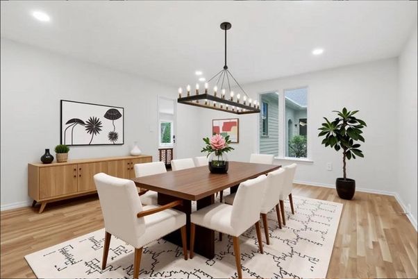 Dining room, Interior, Pendant Lights, Recessed Lighting, Wood Texture Flooring