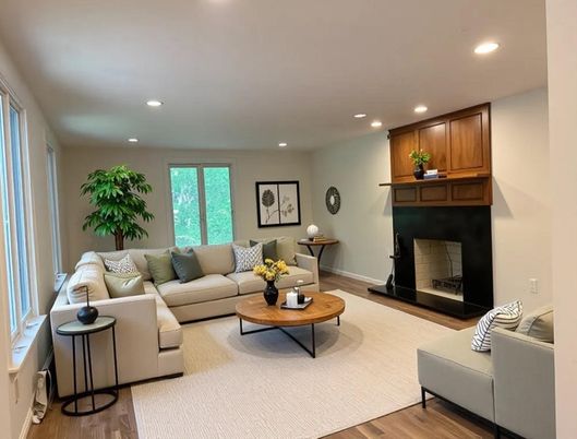 Fireplace, Interior, Living room, Recessed Lighting, Wood Texture Flooring