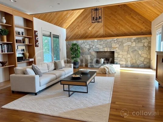 Fireplace, Interior, Living room, Recessed Lighting, Stone Walls, Wooden Ceilings, Wood Texture Flooring
