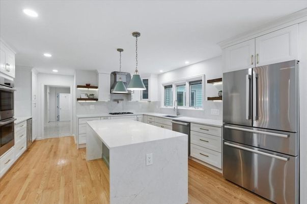 Interior, Kitchen, Pendant Lights, Recessed Lighting, Stainless Steel Appliances, Wood Texture Flooring