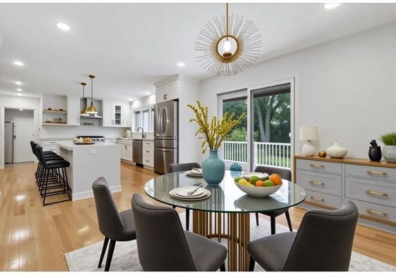 Dining room, Interior, Kitchen, Pendant Lights, Recessed Lighting, Stainless Steel Appliances, Wood Texture Flooring