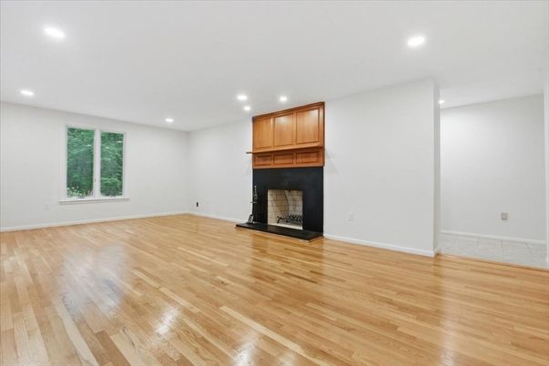 Empty room, Fireplace, Interior, Recessed Lighting, Wood Texture Flooring