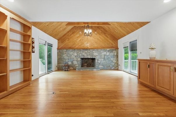 Empty room, Fireplace, Interior, Pendant Lights, Wooden Ceilings, Wood Texture Flooring