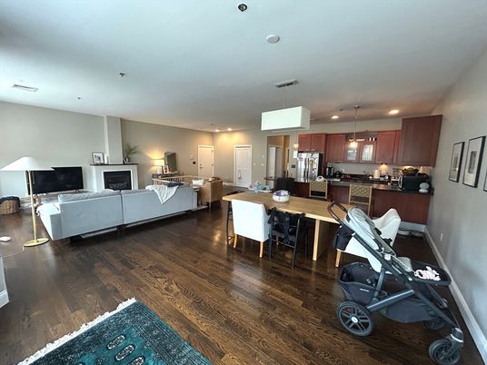 Dining room, Fireplace, Fitness Equipment, Interior, Kitchen, Living room, Pendant Lights, Recessed Lighting, Wood Texture Flooring