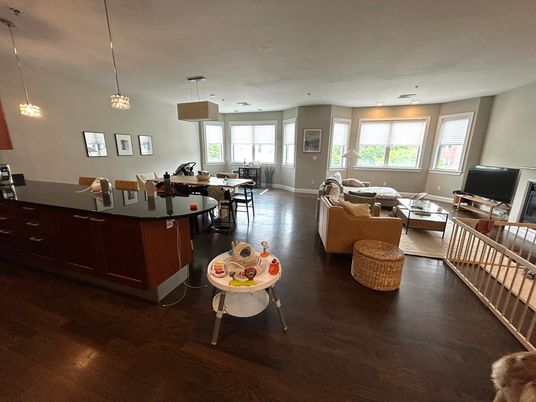 Dining room, Interior, Living room, Pendant Lights, Recessed Lighting, Wood Texture Flooring