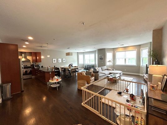 Dining room, Interior, Kitchen, Living room, Pendant Lights, Recessed Lighting, Stainless Steel Appliances, Wood Texture Flooring