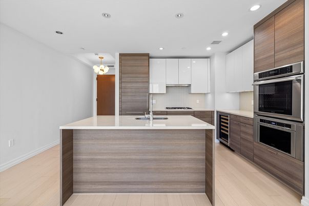 Chandelier, Interior, Kitchen, Recessed Lighting, Stainless Steel Appliances, Wood Texture Flooring