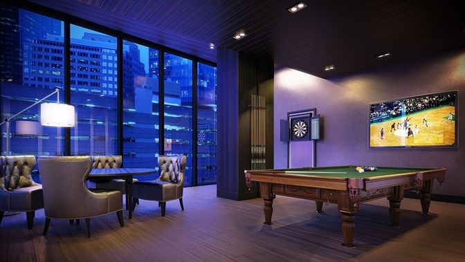 Billiard Table, Game Room, Interior, Recessed Lighting, Wood Texture Flooring