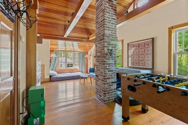 Fireplace, Game Room, Interior, Stone Walls, Wooden Beams, Wooden Ceilings, Wood Texture Flooring