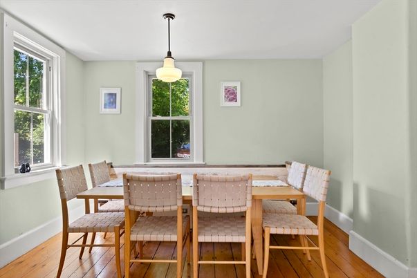 Dining room, Interior, Pendant Lights, Wood Texture Flooring