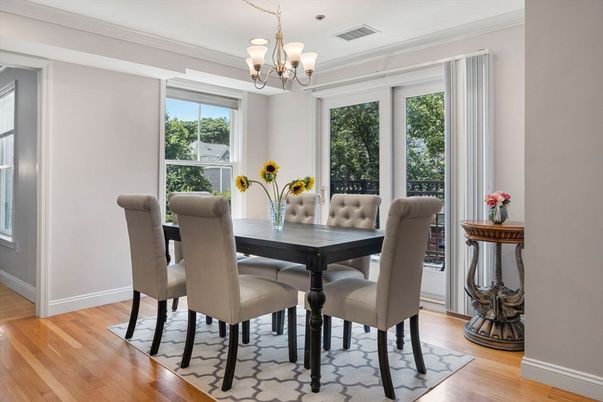 Chandelier, Dining room, Interior, Wood Texture Flooring