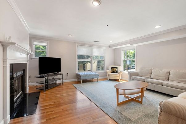 Fireplace, Interior, Living room, Recessed Lighting, Wood Texture Flooring