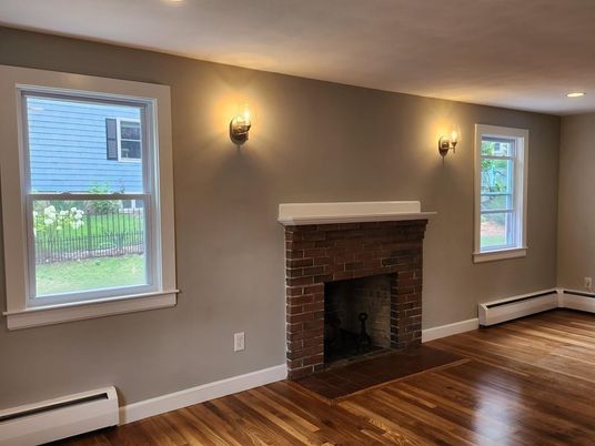 Empty room, Fireplace, Interior, Recessed Lighting, Wood Texture Flooring