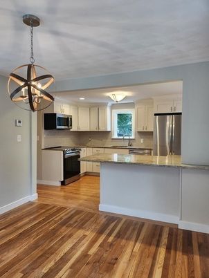 Interior, Kitchen, Pendant Lights, Stainless Steel Appliances, Wood Texture Flooring