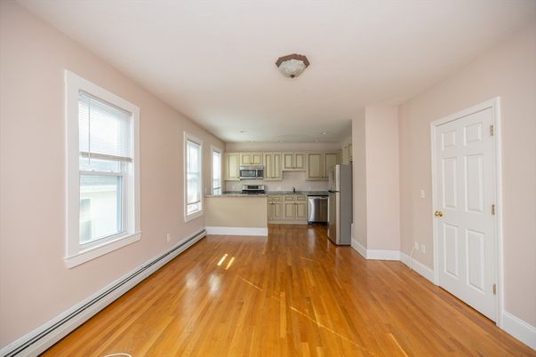 Empty room, Interior, Kitchen, Stainless Steel Appliances, Wood Texture Flooring