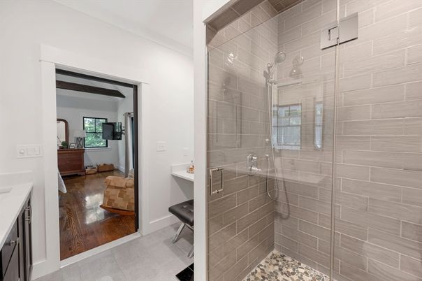 Bathroom, Glass Shower, Interior, Wood Texture Flooring