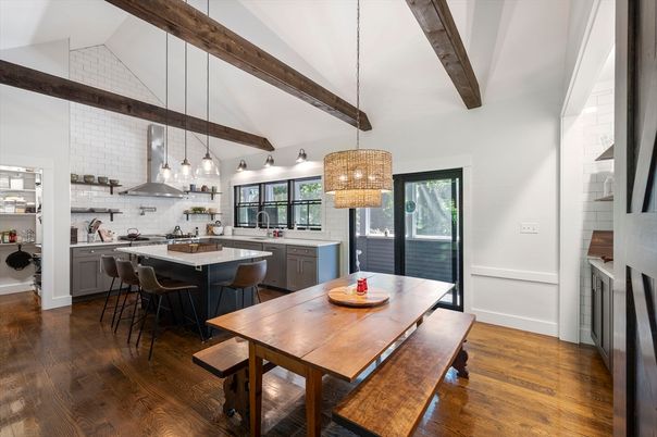 Chandelier, Dining room, Interior, Kitchen, Pendant Lights, Stainless Steel Appliances, Wooden Beams, Wood Texture Flooring
