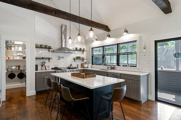 Interior, Kitchen, Pendant Lights, Stainless Steel Appliances, Wooden Beams, Wood Texture Flooring