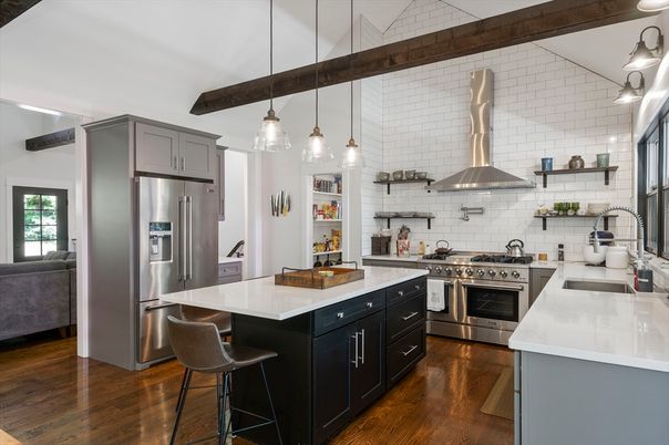 Interior, Kitchen, Pendant Lights, Stainless Steel Appliances, Wooden Beams, Wood Texture Flooring