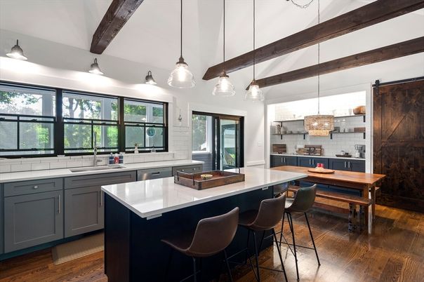Interior, Kitchen, Pendant Lights, Wooden Beams, Wood Texture Flooring