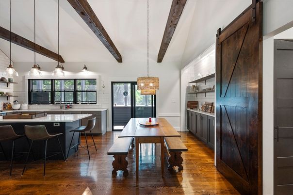 Chandelier, Dining room, Interior, Kitchen, Pendant Lights, Wooden Beams, Wood Texture Flooring
