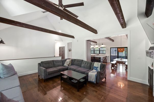 Dining room, Interior, Living room, Pendant Lights, Wooden Beams, Wood Texture Flooring