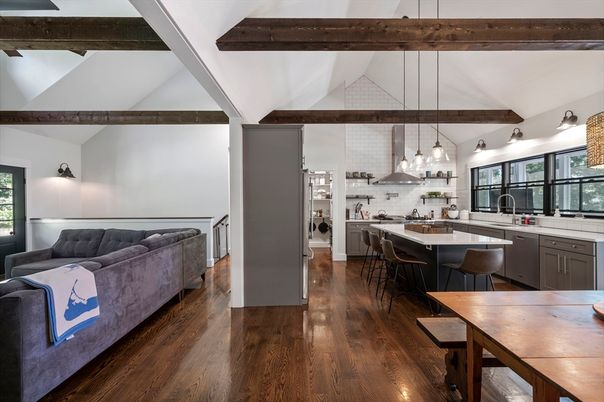 Dining room, Interior, Kitchen, Living room, Pendant Lights, Wooden Beams, Wood Texture Flooring