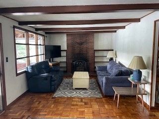 Fireplace, Interior, Living room, Stone Walls, Wooden Beams, Wood Texture Flooring