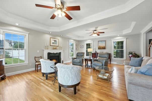 Fireplace, Interior, Living room, Recessed Lighting, Wood Texture Flooring