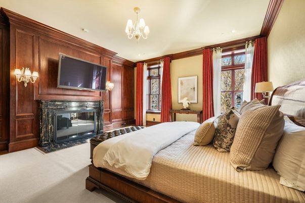 Bedroom, Chandelier, Fireplace, Interior, Recessed Lighting, Wooden Walls