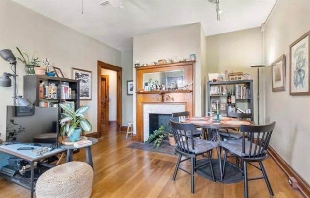 Dining room, Fireplace, Interior, Wood Texture Flooring