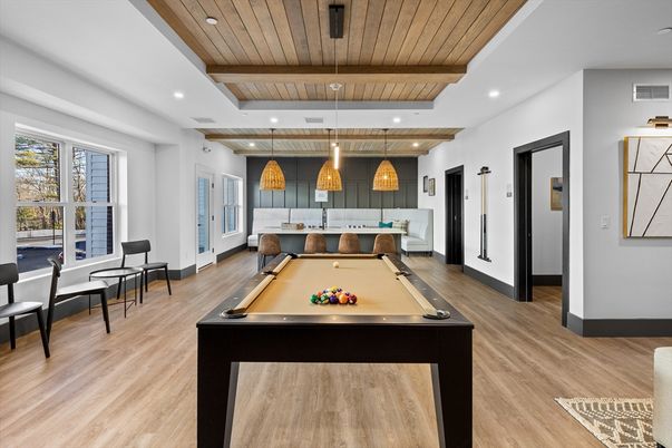 Billiard Table, Game Room, Interior, Pendant Lights, Recessed Lighting, Wooden Beams, Wooden Ceilings, Wood Texture Flooring