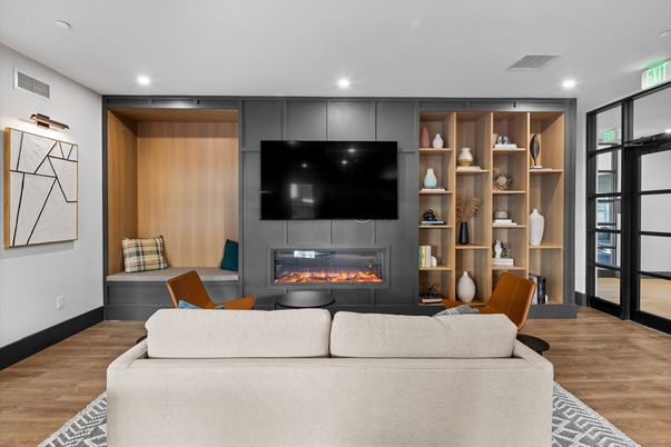Fireplace, Interior, Living room, Recessed Lighting, Wood Texture Flooring