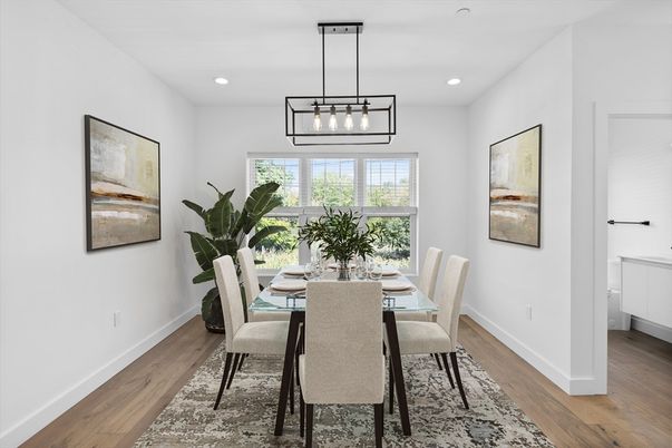 Dining room, Interior, Pendant Lights, Recessed Lighting, Wood Texture Flooring