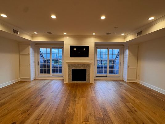 Empty room, Fireplace, Interior, Recessed Lighting, Wood Texture Flooring
