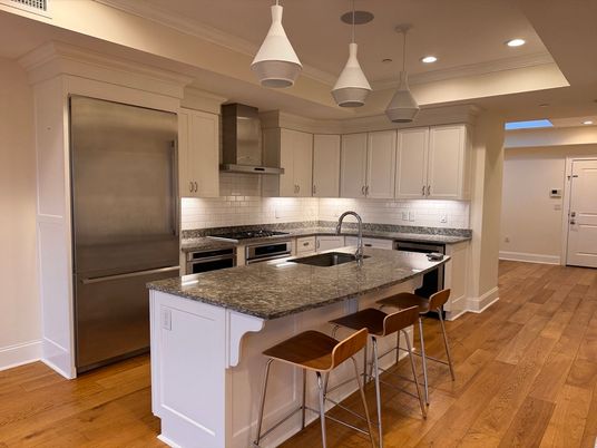 Interior, Kitchen, Pendant Lights, Recessed Lighting, Stainless Steel Appliances, Wood Texture Flooring