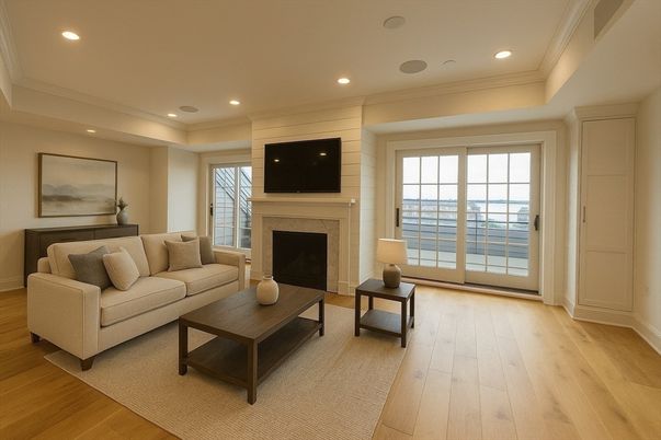 Fireplace, Interior, Living room, Recessed Lighting, Wood Texture Flooring