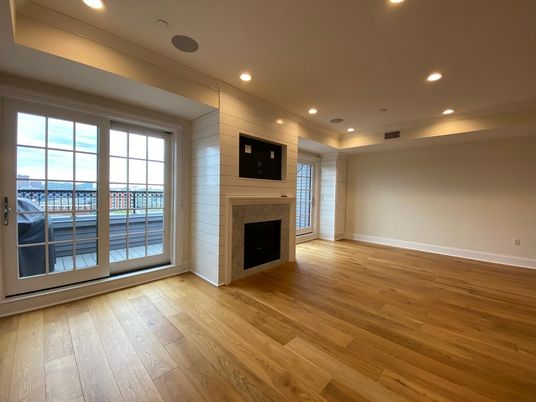 Empty room, Fireplace, Interior, Recessed Lighting, Wood Texture Flooring