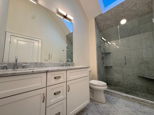 Bathroom, Dual Sink Vanities, Glass Shower, Interior, Marble, Marble Walls