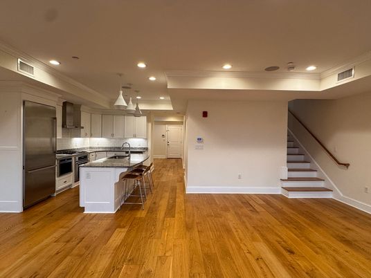 Interior, Kitchen, Pendant Lights, Recessed Lighting, Stainless Steel Appliances, Wood Texture Flooring