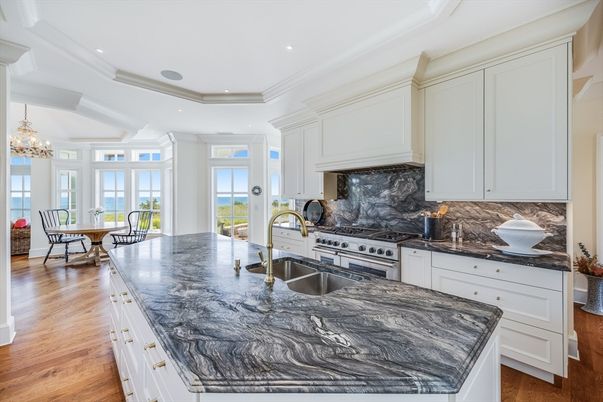 Chandelier, Dining room, Interior, Kitchen, Recessed Lighting, Stainless Steel Appliances, Water, Wood Texture Flooring