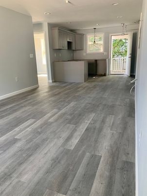 Empty room, Interior, Kitchen, Pendant Lights, Recessed Lighting, Wood Texture Flooring